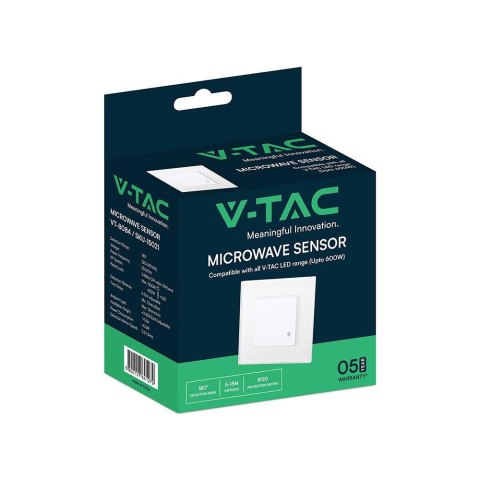 Czujnik ruchu mikrofalowy ścienny podtynkowy dopuszkowy biały 1200W/300W V-TAC VT-8084 5 lat gwarancji