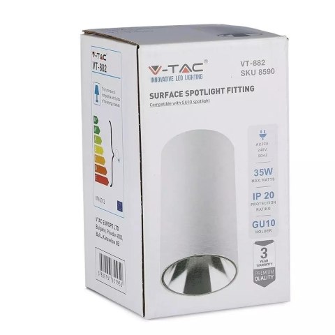 Oprawa sufitowa V-TAC GU10 okrągła natynkowa tuba biały+chrom 80x140mm VT-882-R 3 lata gwarancji