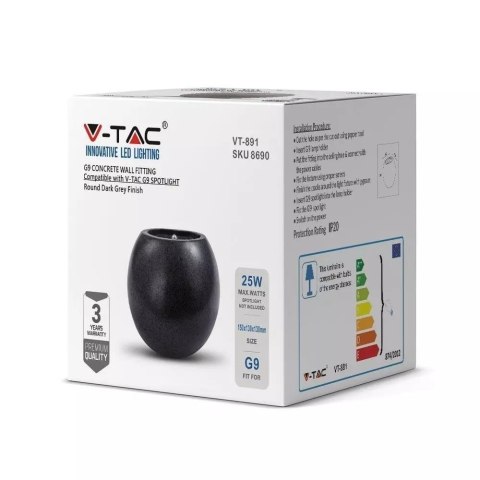 Kinkiet V-TAC beton G9 LED okrągly ciemny szary IP20 VT-891