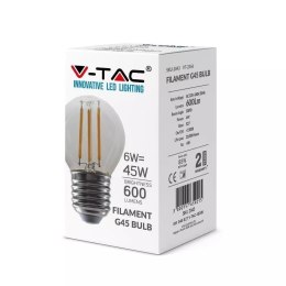Żarówka LED V-TAC 6W filament E27 kulka G45 VT-2366 4000K 600lm