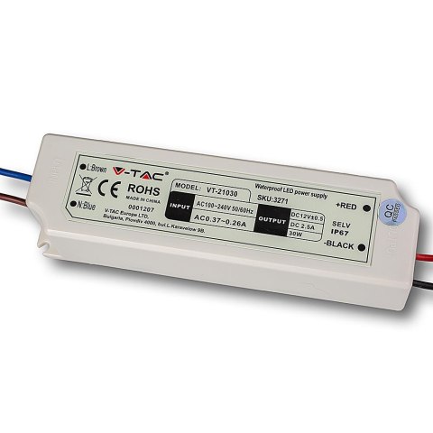 Zasilacz LED V-TAC 30W 12V 2.5A IP67 hermetyczny filtr EMI VT-21030