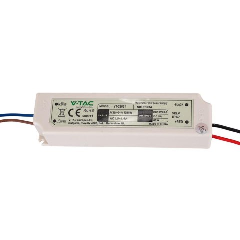 Zasilacz LED V-TAC 60W 12V 5A IP67 hermetyczny filtr EMI VT-22061