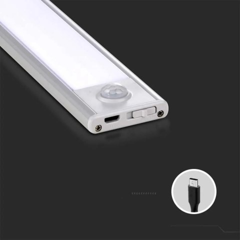 Oprawa podszafkowa V-TAC 2,5W LED srebrna czujnik ruchu ładowanie USB 60cm VT-8143 4000K 260lm