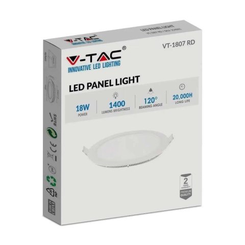 Panel LED V-TAC premium downlight 18W okrągły fi225 VT-1807 6400K 1400lm