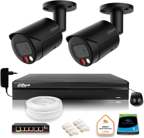 Zestaw monitoringu IP Dahua 4MPx 2K 2 kamery czarne zewnętrzne z dyskiem 1TB