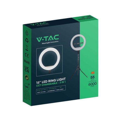 Lampa pierścieniowa LED ring na 3 telefony V-TAC 55W fi44cm statyw pilot etui VT-45055 3200K-5500K 6000lm