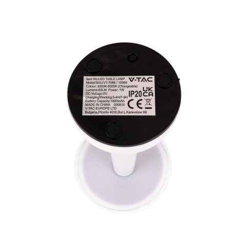 Lampka biurkowa nocna V-TAC 2W LED 23cm ładowanie USB CCT ściemnianie biała VT-7566 3000K-6000K 40lm