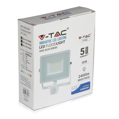 Projektor LED V-TAC 30W SAMSUNG CHIP czujnik ruchu funkcja cut-OFF biały VT-30-S-W 6400K 2400lm 5 lat gwarancji