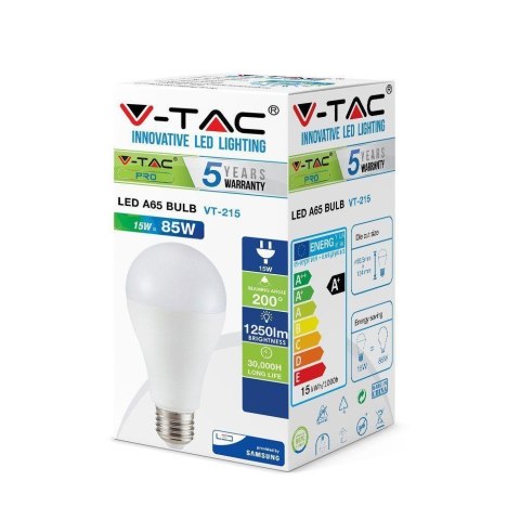 Żarówka LED V-TAC SAMSUNG CHIP 15W E27 A65 VT-215 3000K 1250lm 5 lat gwarancji