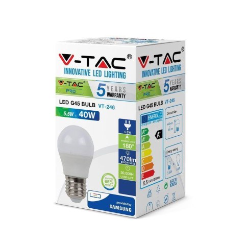 Żarówka LED V-TAC SAMSUNG CHIP 5.5W E27 G45 kulka VT-246 6400K 470lm 5 lat gwarancji