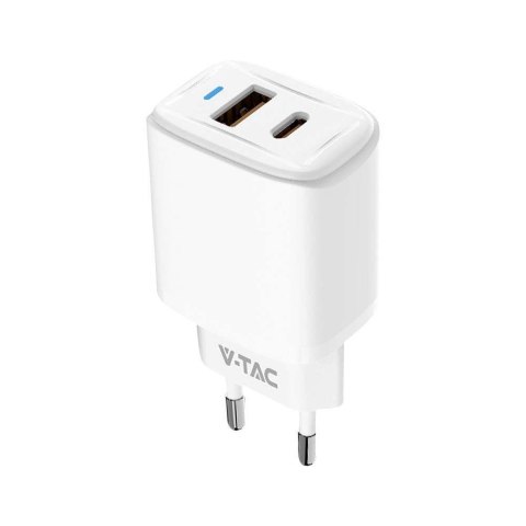 Ładowarka USB V-TAC szybka 20W biała mini dual USB type-A type-C VT-3530