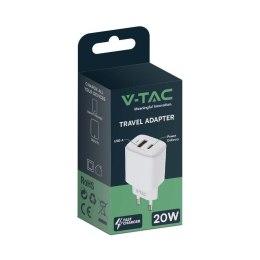 Ładowarka USB V-TAC szybka 20W biała mini dual USB type-A type-C VT-3530