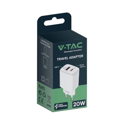 Ładowarka USB V-TAC szybka 20W biała mini dual USB type-A type-C VT-3530