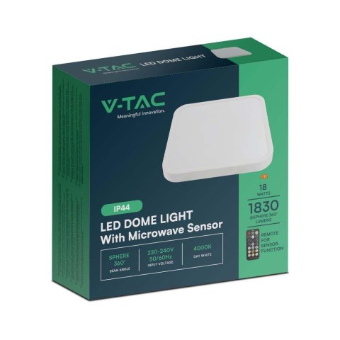 Plafon V-TAC 18W LED kwadrat 30x30cm natynkowy pilot czujnik ruchu IP44 biały VT-8618S 4000K 1830lm