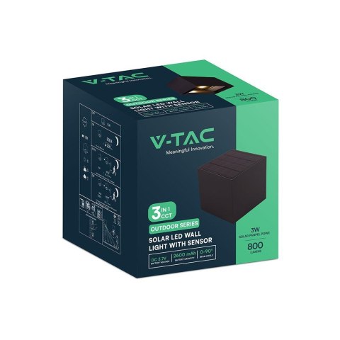 Oprawa ścienna solarna V-TAC 9W LED COB czarna kostka 15x15cm IP65 czujnik ruchu VT-409CCT 3000K-4000K-5000K 800lm