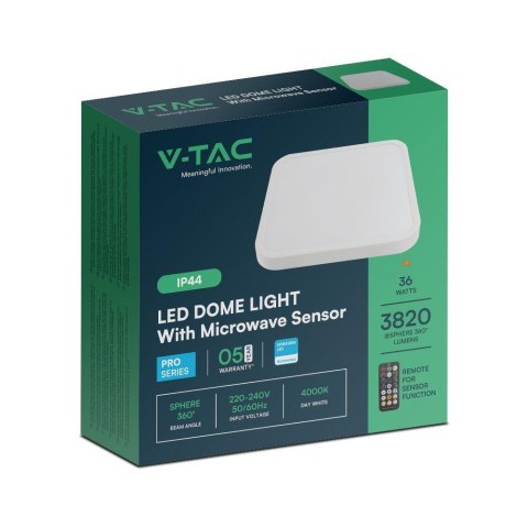 Plafon V-TAC 36W LED SAMSUNG CHIP kwadrat 42x42cm natynkowy pilot czujnik ruchu IP44 biały VT-8630S 4000K 3820lm 5 lat gwarancji