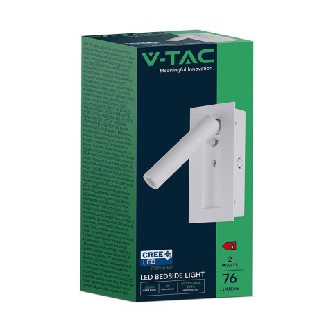 Oprawa LED V-TAC 2W COB CREE kinkiet biały hotel łóżko włącznik VT-88061-W 3000K 76lm