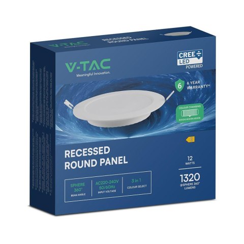 Panel wpuszczany downlight V-TAC 12W LED CREE CHIP okrągły 170x28mm VT-61012CCT 3000K-4000K-6500K 1320lm 6 lat gwarancji