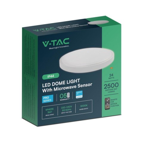 Oprawa sufitowa plafoniera V-TAC 24W LED SAMSUNG CHIP okrągły 35cm natynkowy pilot czujnik ruchu IP44 biały VT-8624S 4000K 2500l