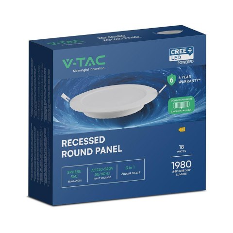 Panel wpuszczany downlight V-TAC 18W LED CREE CHIP okrągły 220x28mm VT-61018CCT 3000K-4000K-6500K 1980lm 6 lat gwarancji