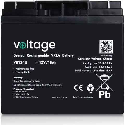 Akumulator AGM Voltage 12V 18Ah VE12-18 (Żywotność 6-9 lat)